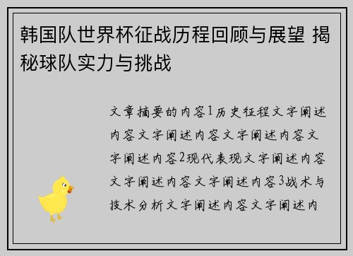 韩国队世界杯征战历程回顾与展望 揭秘球队实力与挑战